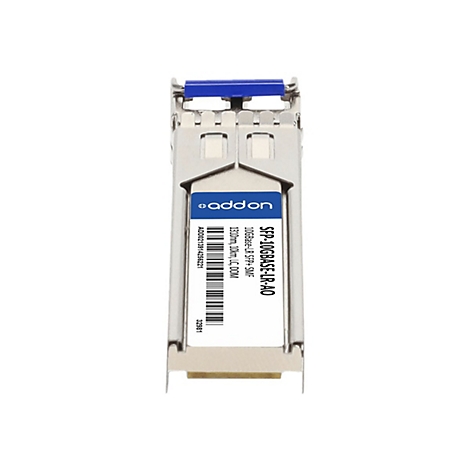 AddOn 10GBASE-LR SFP+ Glasfaser-Transceiver mit blauem Entriegelungshebel.