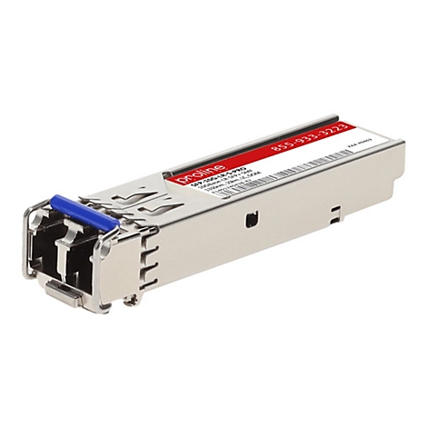 Ein silberner Proline SFP-Transceiver mit blauem Entriegelungshebel und einem roten Etikett.
