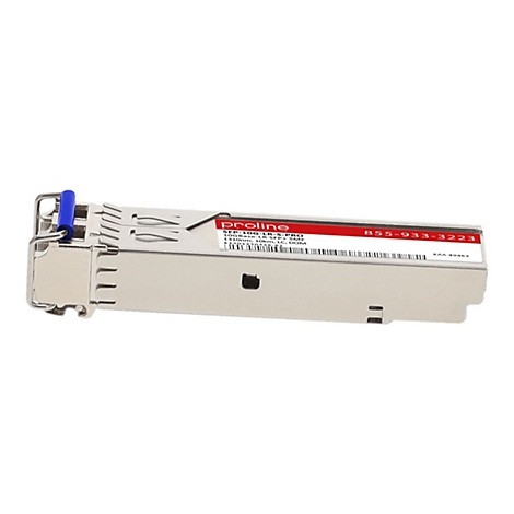 Proline SFP+ Transceiver-Modul aus Metall mit rotem Aufkleber auf weißem Hintergrund.