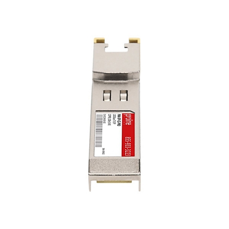 Ein silberner Proline SFP-Transceiver-Modul mit einem roten Etikett auf einem weißen Hintergrund.
