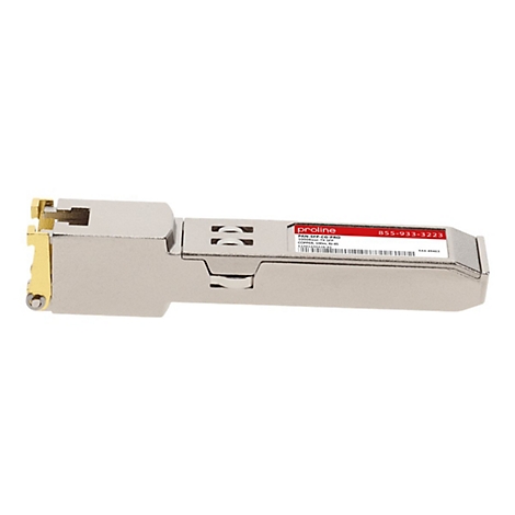 Proline SFP-Modul aus Metall mit goldfarbenem Entriegelungshebel und weißem Etikett auf weißem Hintergrund.