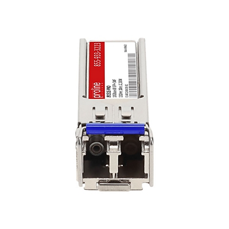 Proline SFP+ Transceiver-Modul mit rotem Aufkleber und blauem Verschlusshebel auf weißem Hintergrund.