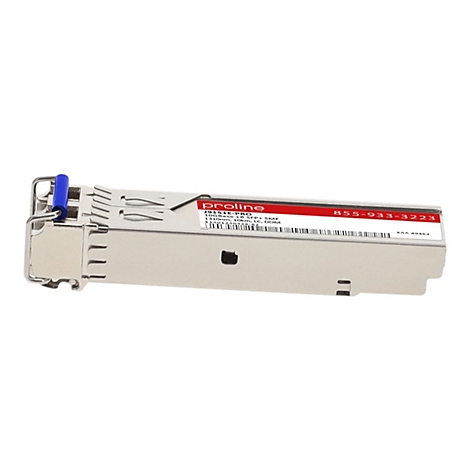 Silbernes Proline J9151E-PRO SFP+ Glasfaser-Transceiver-Modul mit blauem Entriegelungshebel vor weißem Hintergrund.