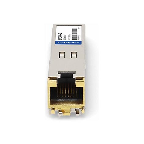 SFP-Kupfer-Transceiver-Modul mit RJ45-Anschluss vor weißem Hintergrund.
