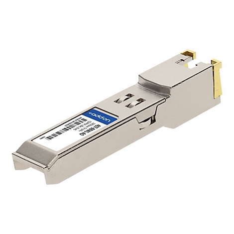 Silberner SFP+ Kupfer-Transceiver mit blauem Etikett und Modellbezeichnung 407-BBWL-AO.