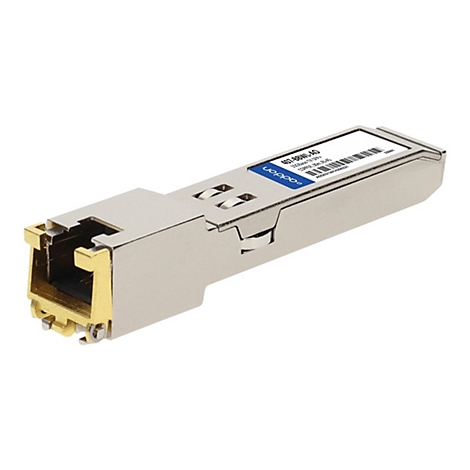 SFP+ Kupfer-Transceiver-Modul mit RJ45-Anschluss und blauem Etikett vor weißem Hintergrund.
