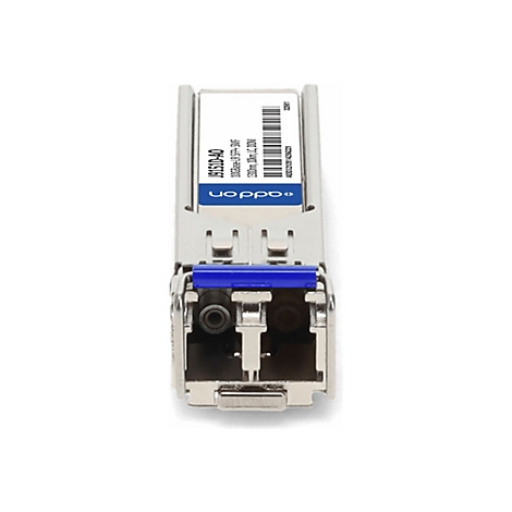 AddOn SFP+ Transceiver-Modul J9151D-AO für 10G-Glasfaserverbindungen mit blauem Entriegelungshebel.