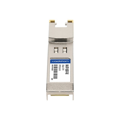 Ein silbernes SFP+-Transceiver-Modul mit blauem Etikett und Modellbezeichnung auf weißem Hintergrund.