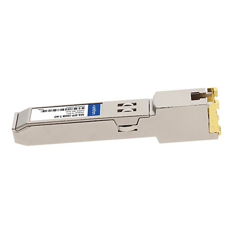 Ein metallisches SFP+ Transceiver-Modul mit blauem Etikett und RJ45-Anschluss vor weißem Hintergrund.