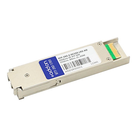 Addon XFP-10G-Z-OC192-LR2-AO Glasfaser-Transceiver-Modul in silbernem Metallgehäuse mit blauem Etikett.