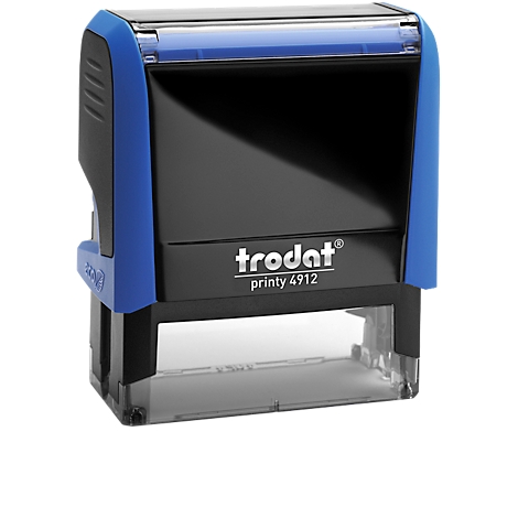 A blue and black Trodat Printy stamp. The stamp has the text "trodat printy 4912".
