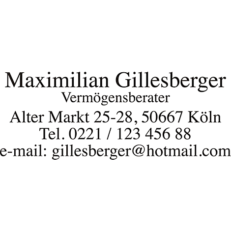 Business card with the name 'Maximilian Gillesberger', wealth advisor. Address, phone number, and email.