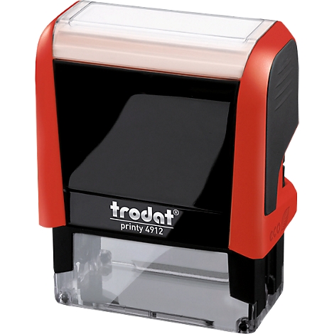 Red and black Trodat Printy 4912 stamp. Black stamp box, red handle. Inscription: Trodat Printy 4912.