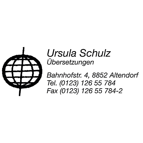 Logo: Globe with longitudinal and transverse struts, lettering Ursula Schulz Translations, address and contact details.