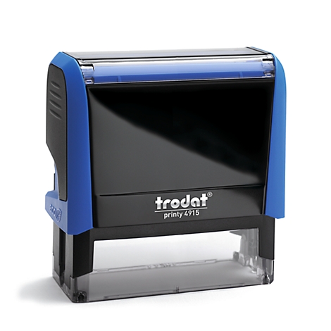 A blue and black Trodat Printy stamp on a white background.