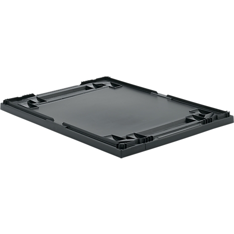 Black rectangular plastic container with raised edge and recessed corners.
