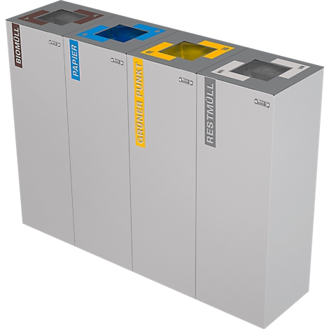 Grey, rectangular recycling bin with four compartments. Labels: organic waste, paper, green dot, residual waste. Colored lid openings.