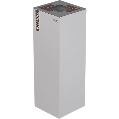 Tall, white trash can with gray lid and recessed opening. "BIOMÜLL" is written in red on the side.