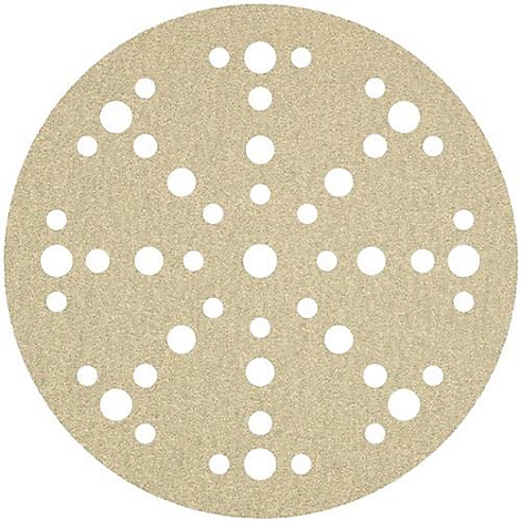 Round beige sanding disc with numerous white perforations.
