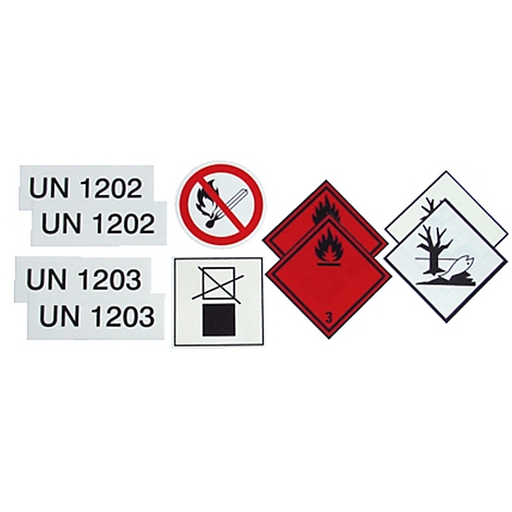 Labels with dangerous goods symbols and UN numbers, including "UN 1202" and "UN 1203".