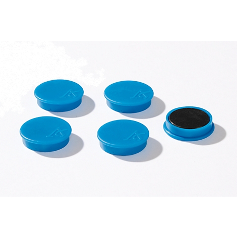 Five round, blue magnets on a white background, one is open showing black core.