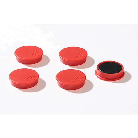 Five red, round containers. One open with black contents, the others with lids. A logo on each.