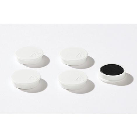 Five white, round containers, one of which is open with black content. All are on a white background.