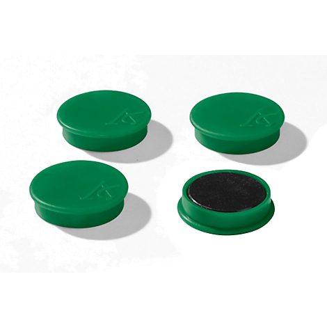 Four green, round magnets. One shows the black magnetic surface.