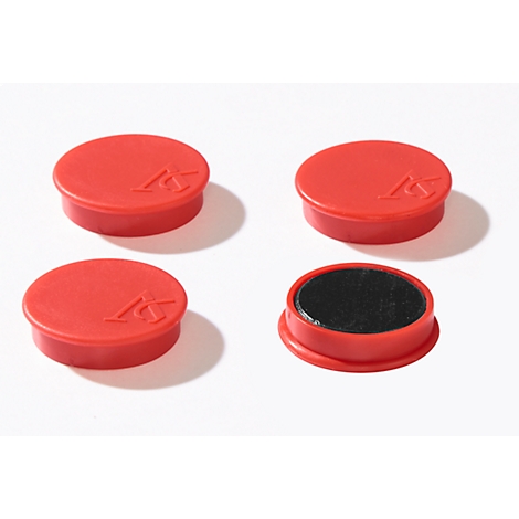 Four red, round magnets on a white background. One is open, showing a black felt. Each has a logo.