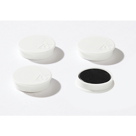 Four white, round stamp pads, one of which is open with black ink. A logo is shown on the lids.