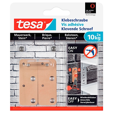Packaging of tesa adhesive screw in front of brick background, product information, and application example.