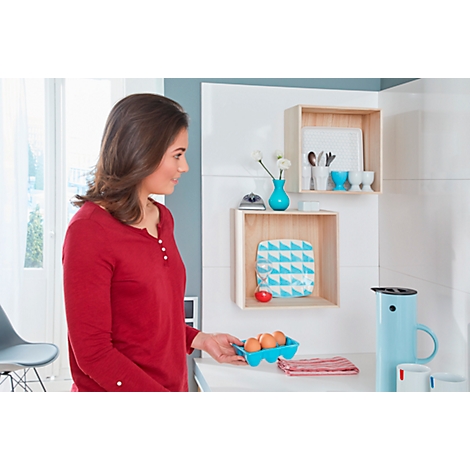 Woman in red shirt holding egg carton. Kitchen shelves with decor and utensils. Light blue water jug.