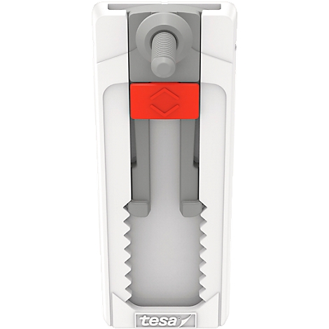 Detail of a white, rectangular tool with gray screw, red holder and 'tesa' logo.