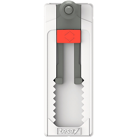 White plastic tool with grey and red elements, teeth at the bottom. Lettering: tesa.