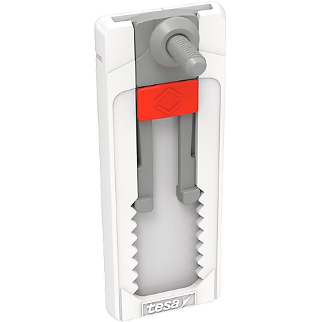 White tesa clamping block with red locking mechanism and gray screw mechanism. "tesa" is written at the bottom.