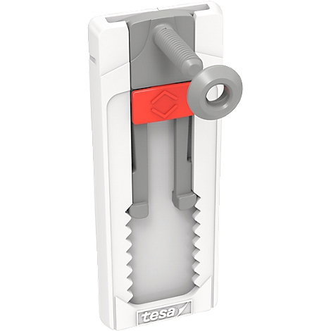 White wall mounting system with grey turning wheel and red lever. "tesa" is written below.