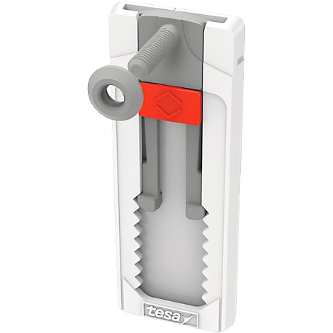 Detailed view of a white wall mount with gray and red accents. A screw mechanism and the "tesa" logo are visible.