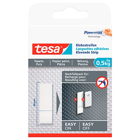 White Tesa adhesive strip pack. Labeled in German, French, Dutch, and English, with product information and usage instructions.