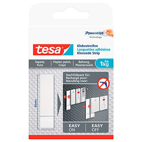 A pack of Tesa adhesive strips that hold up to 1 kg. Inscription: Powerstrips, Easy On/Off, 80 mm.