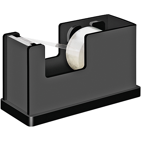 A black tape dispenser, with transparent tape. The tape is already unrolled and ready.