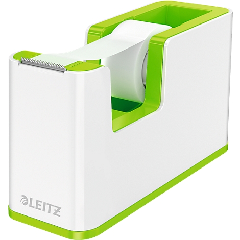 White and green tape dispenser with LEITZ logo. A roll of tape is inserted, a strip is being unrolled.