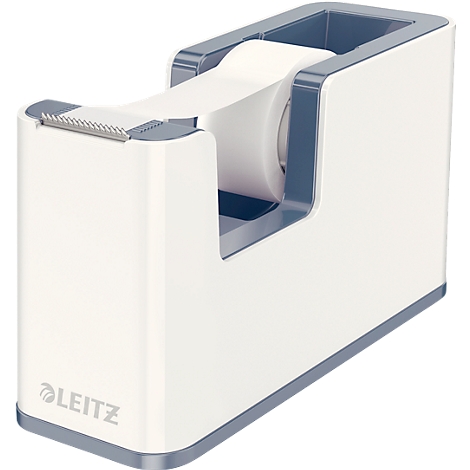 White tape dispenser with gray-blue accents. A tape roll is inserted. The brand name LEITZ is visible.
