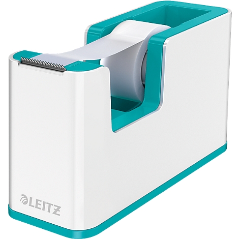White tape dispenser with turquoise accents. The dispenser has the LEITZ logo.