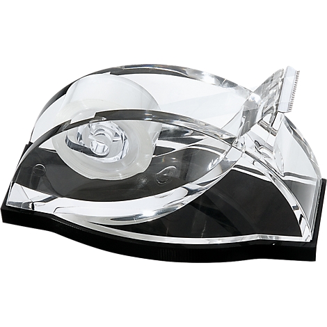 Transparent tape dispenser with black base and integrated blade.
