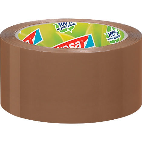 Brown packing tape with logo, against white background. Printed "100% recycled plastic".