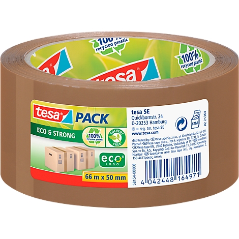 Brown packing tape labeled with 'tesa PACK ECO & STRONG'. Label with product information and eco-friendly logos.