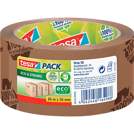 Brown tape roll, printed with 'tesa PACK ECO & STRONG'. It features logos for recycled material.