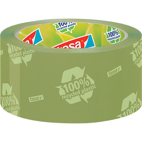 Transparent tape with green print and the words "100% recycled plastic".