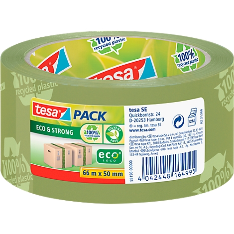 Roll of green packing tape with text. It says 'tesa PACK' and 'ECO & STRONG'.
