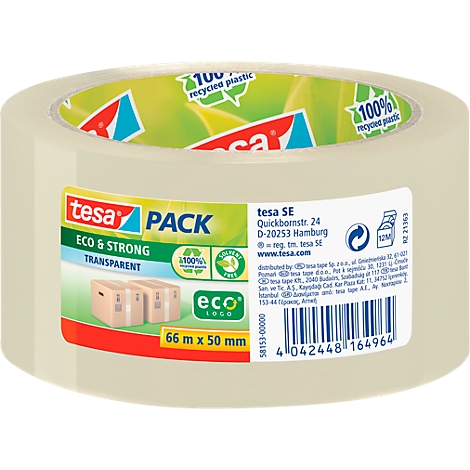 Transparent Tesa tape with product information and logos.
